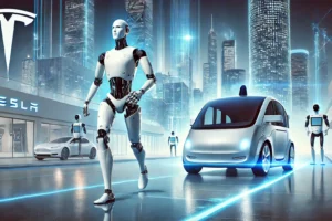 DALL·E 2024-10-12 00.16.22 – A futuristic landscape showing Tesla’s advancements in robotics and AI, with a sleek humanoid robot (Optimus) walking alongside a high-tech autonomous