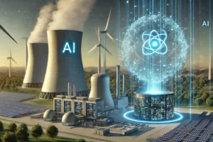 DALL·E 2024-10-16 23.37.26 – A futuristic landscape featuring a clean energy nuclear reactor integrated with a data center powering AI systems. The reactor is small, with a modern