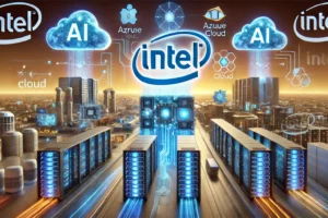 DALL·E 2024-10-18 18.30.05 – A futuristic landscape featuring Intel’s AI-powered cloud infrastructure competing with the giants like AWS, Azure, and Google Cloud. The image showca