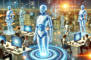 DALL·E 2025-01-07 23.49.17 – A futuristic illustration showing AI agents seamlessly integrated into a modern office environment. These AI agents are represented as glowing, humano